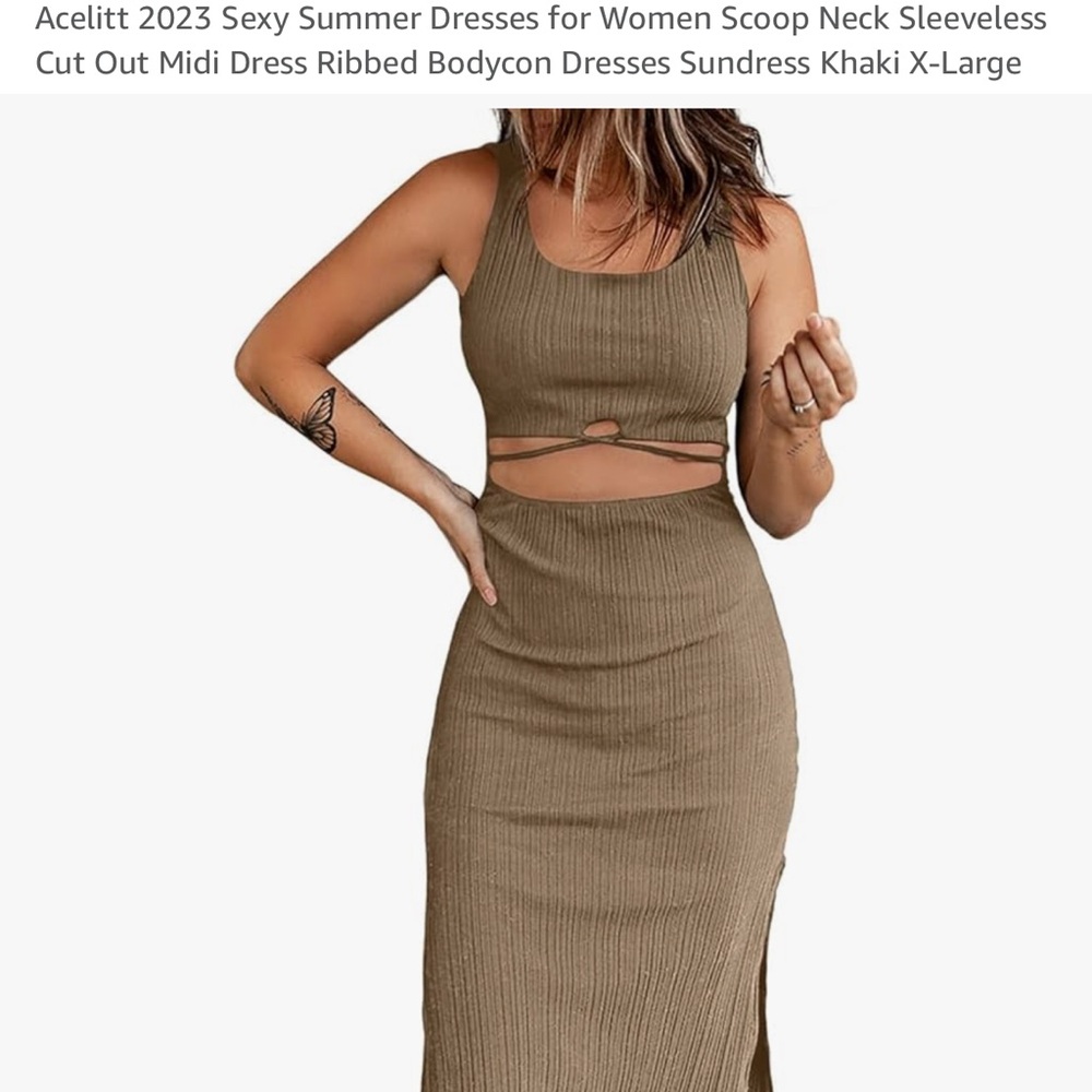 Khaki Sleeveless Cut Out Midi Dress
